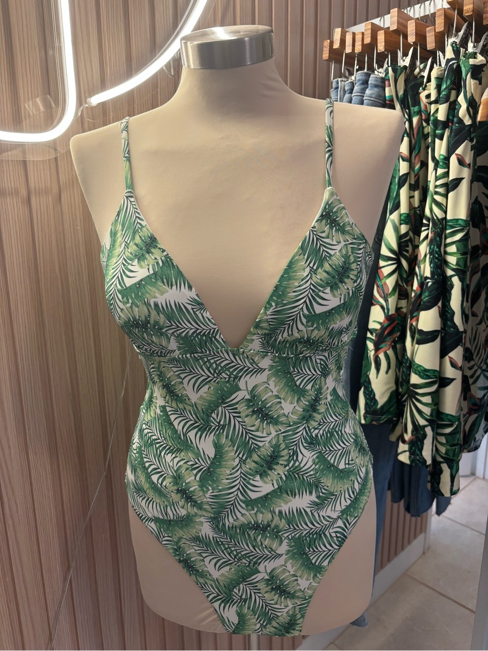Vero Moda Green White Tropical Leaf One-Piece Swimsuit